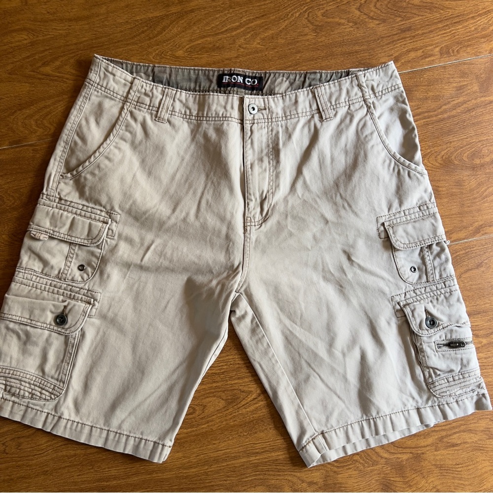 IRON CO. Mens Khaki Beige Canvas 100% Cotton Cargo Utility Shorts size 38